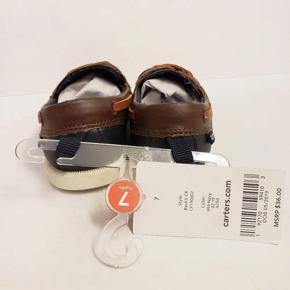 NEW Carters Navy & Brown Boat Shoes Slip On Loafers Toddler Boys Size 7c